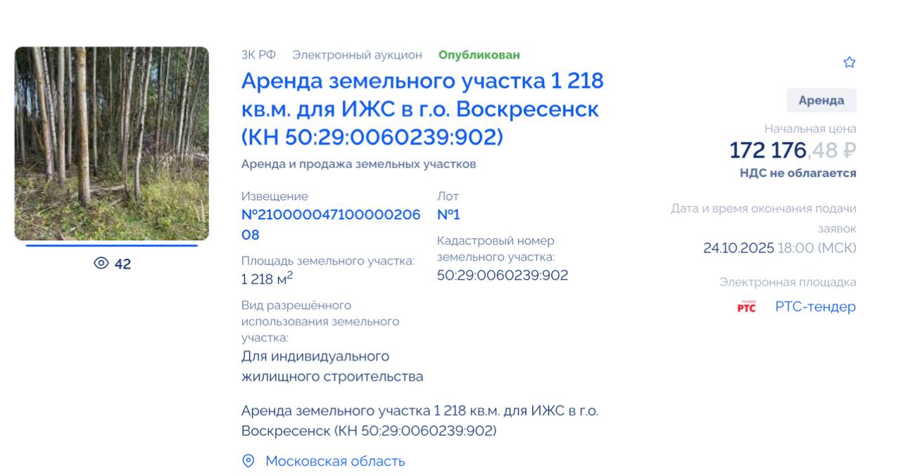 Карточка аукциона по аренде земельного участка